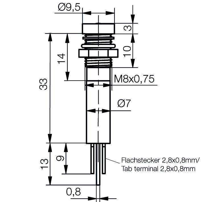 Technische Zeichnung eines Steckers mit Bemaßung: Gesamtlänge 33 mm, Durchmesser 9,5 mm. Gewinde M8x0,75. Flachstecker 2,8x0,8 mm.