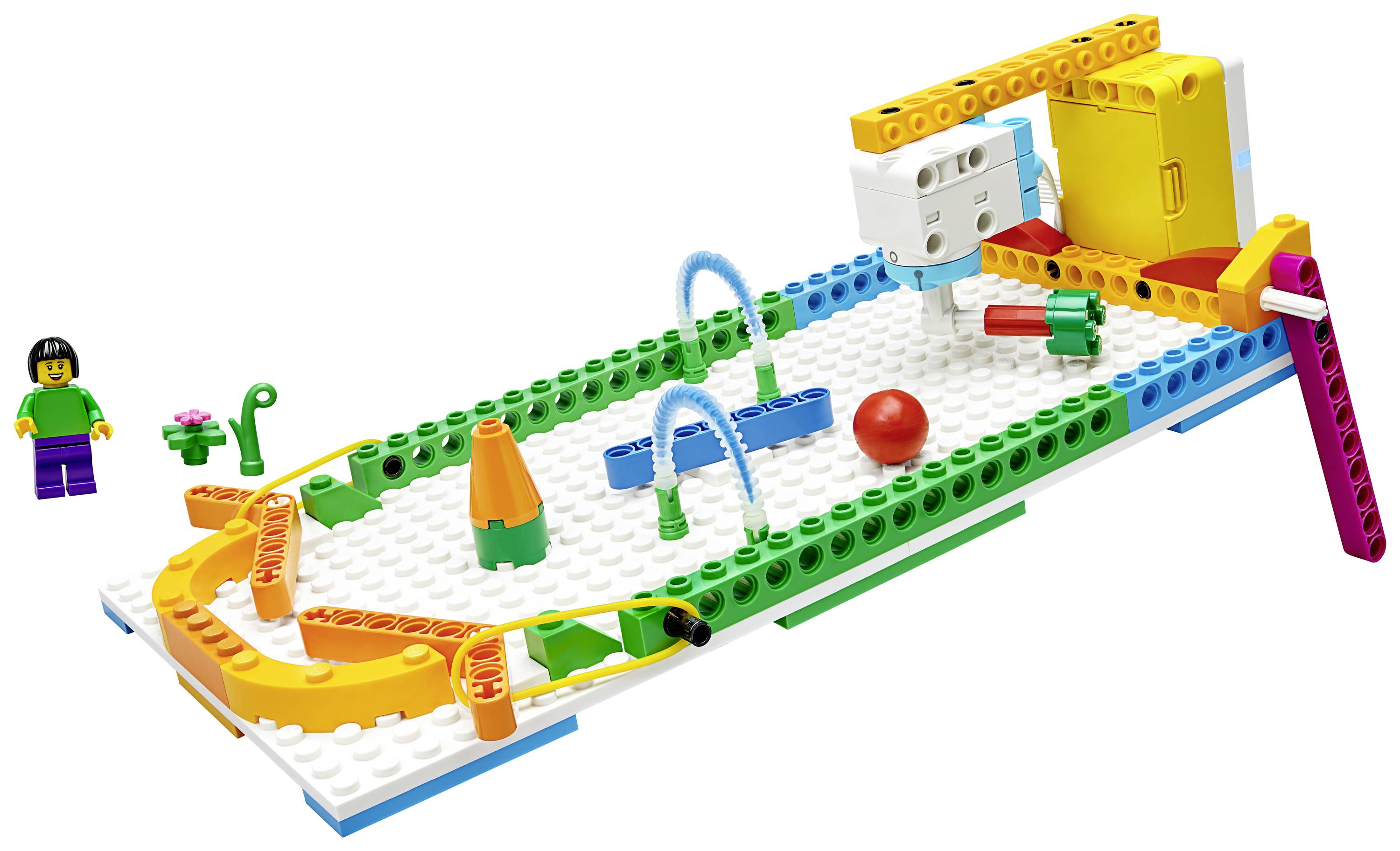 'LEGO-Set mit Miniatur-Figur und bunter Kugelbahn. Enthält verschiedene Teile, um eine bewegliche Konstruktion zu bauen.'