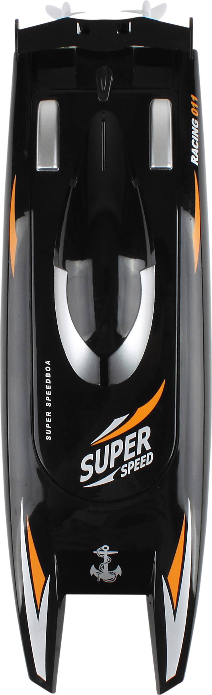 Schwarzes ferngesteuertes Boot mit orangen und weißen Streifen. Markierung 'Super Speed'.