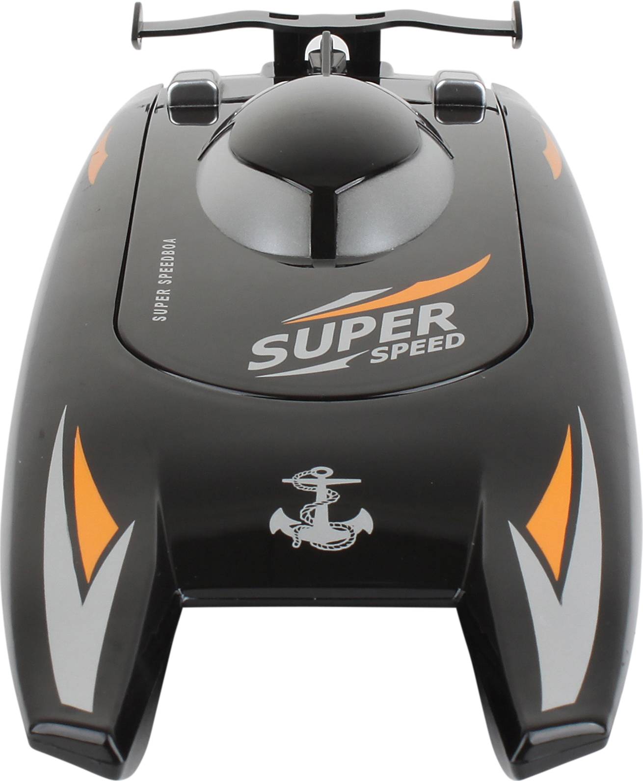 Ein schwarzes Spielzeugboot mit orangefarbenen und grauen Markierungen und einem Anker-Symbol. Aufschrift: 'Super Speed'.