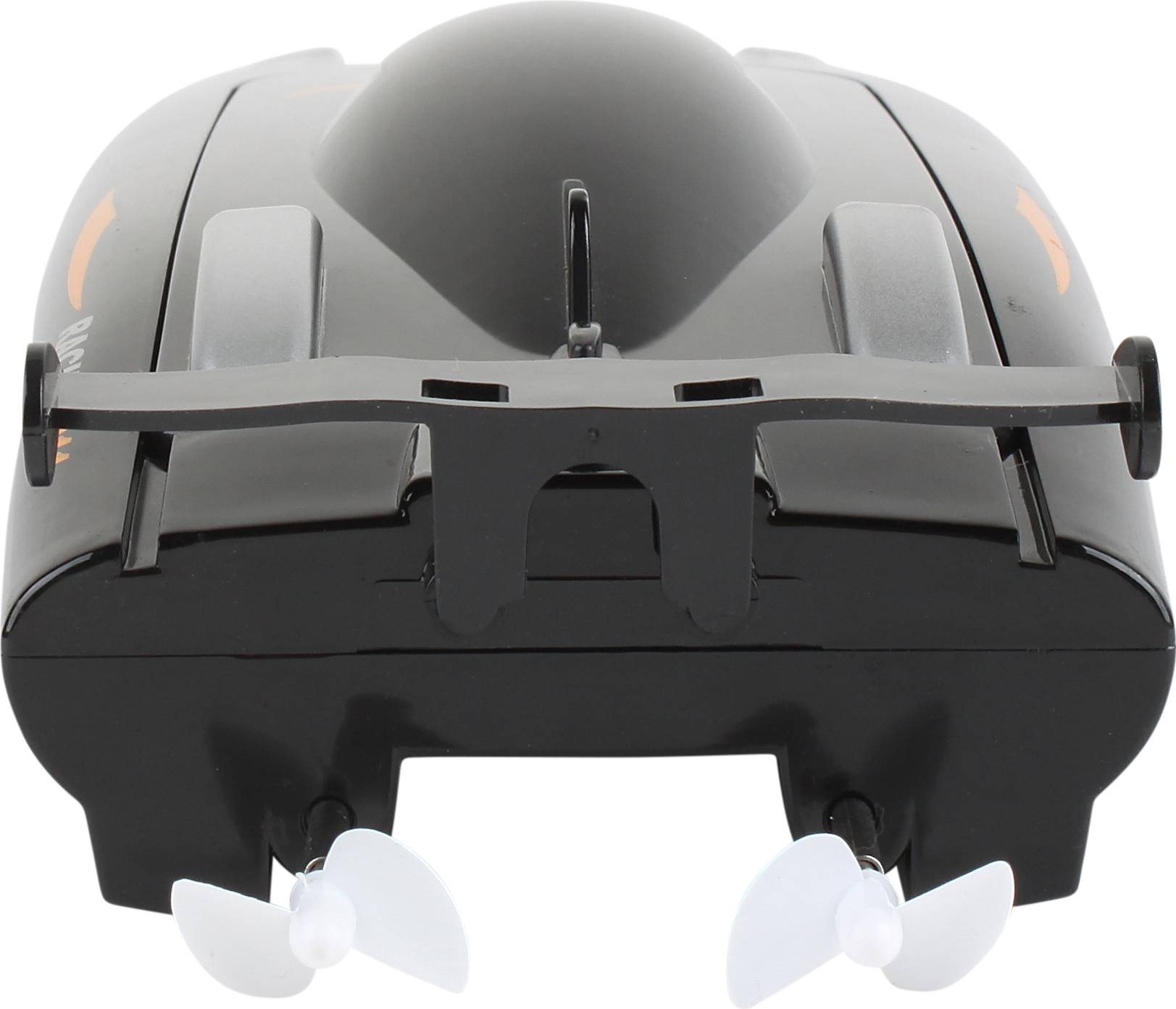 Ferngesteuertes schwarzes Boot mit zwei sichtbaren weißlichen Propellern am Heck, auf einem neutralen Hintergrund.