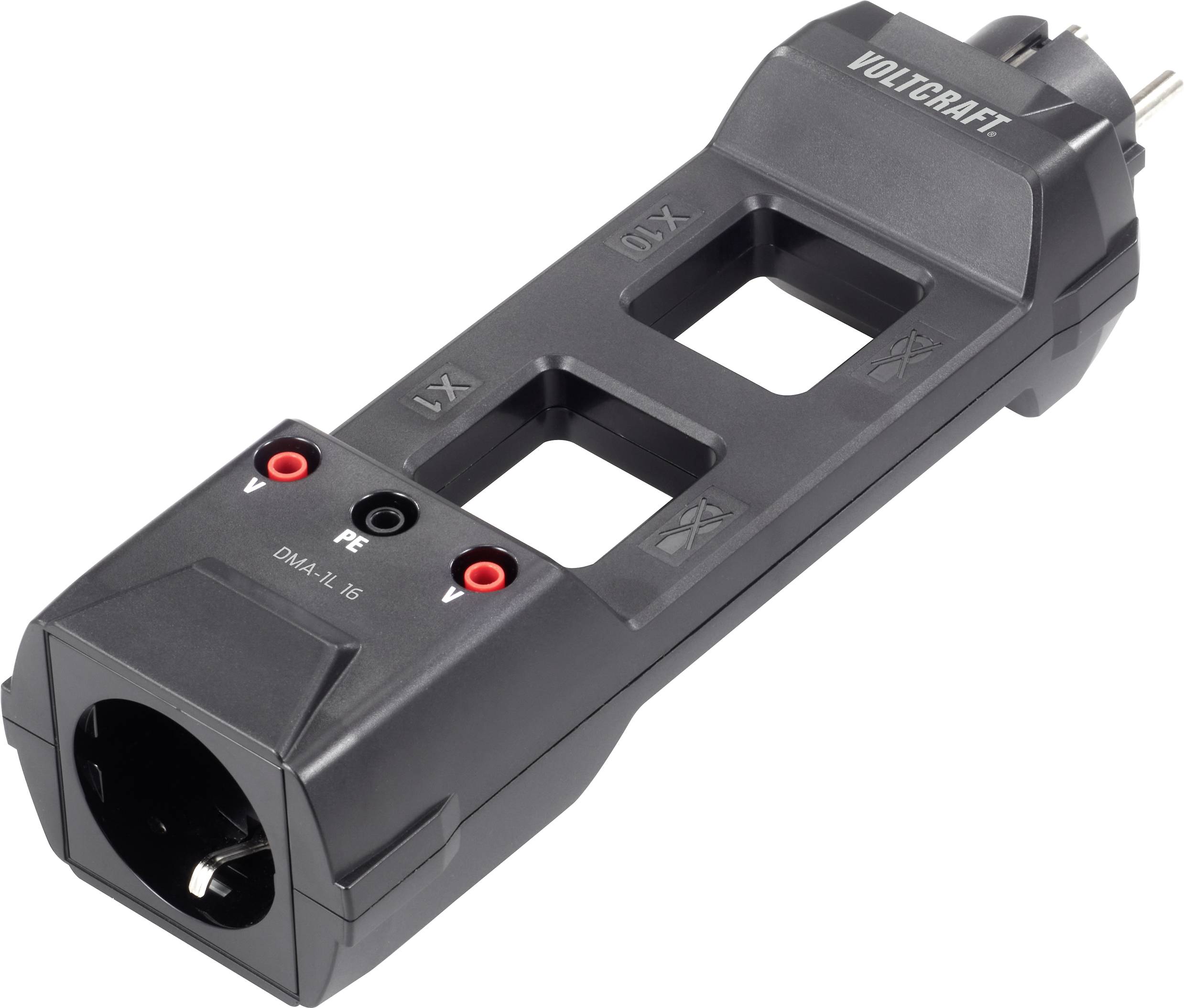 Ein schwarzer Spannungsprüfer von Voltcraft mit Steckdose und Testbuchsen. Geeignet zum Überprüfen von Stromkreisen in elektrischen Geräten.