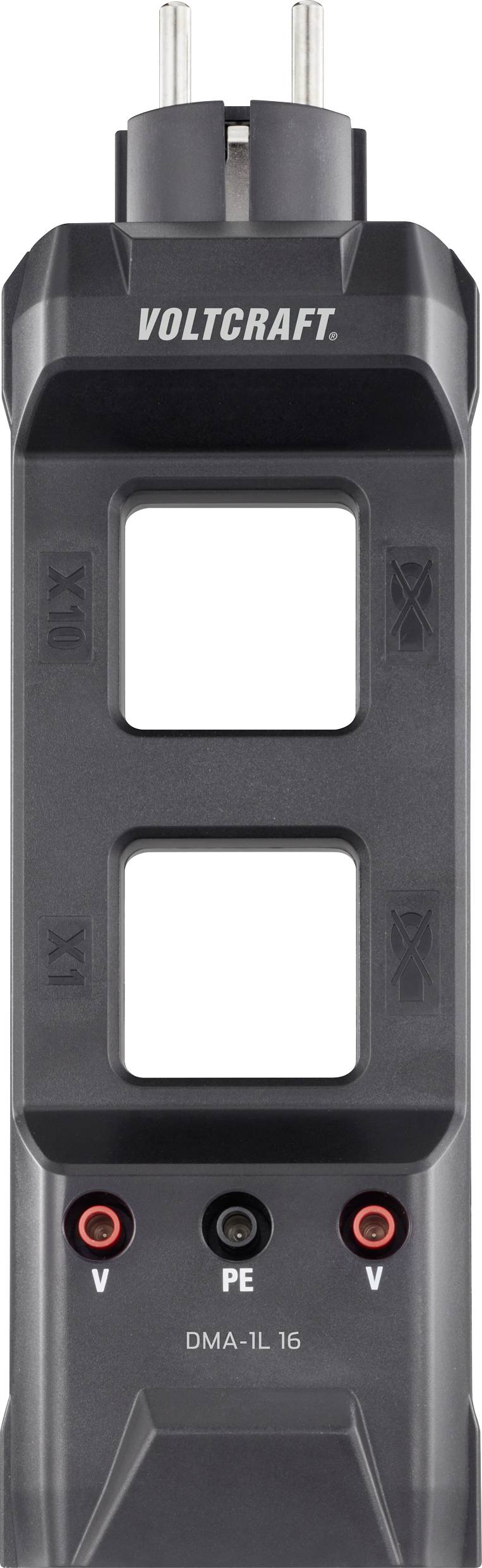 Ein schwarzes Prüfgerät der Marke Voltcraft zur Testung von Steckern und Leitungen. Oben ist ein Steckeranschluss, unten zwei Buchsen.