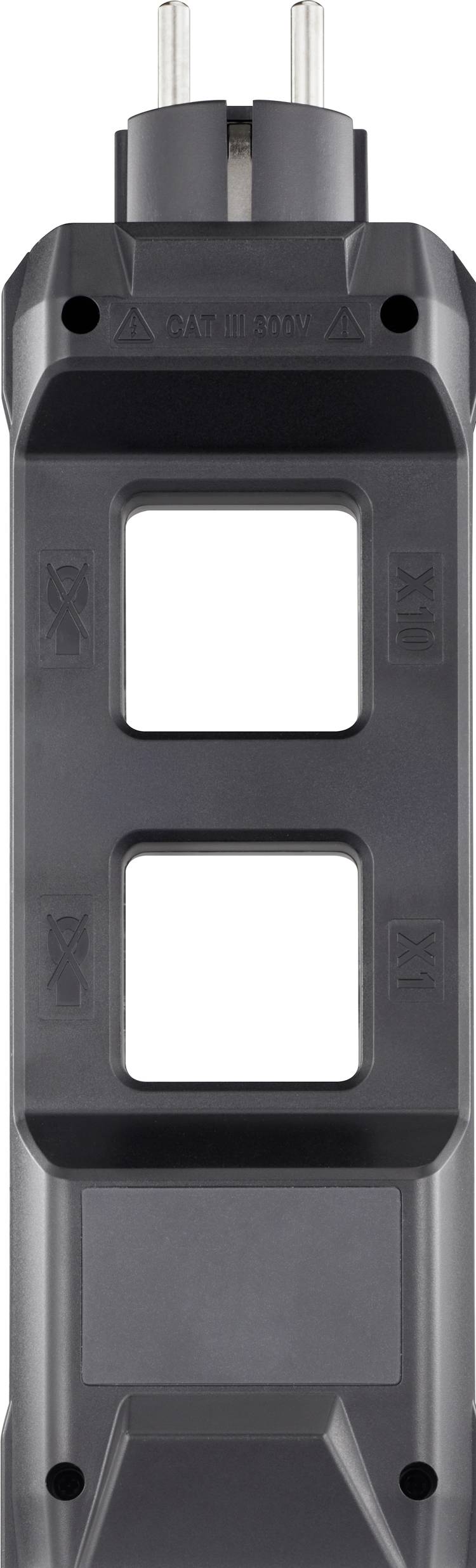 Eine schwarze Steckdosenleiste mit zwei freien Steckplätzen und einem Stecker oben.