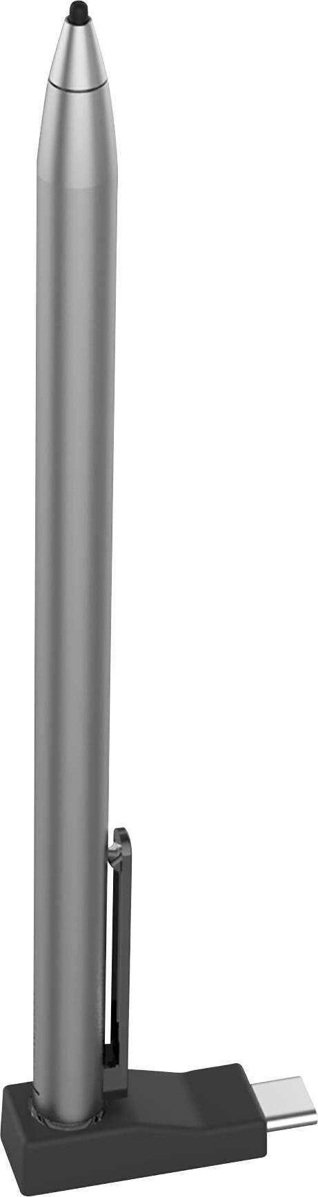 Ein grauer Eingabestift mit abnehmbarem Adapter für USB-C. Der Stift ist schlank und zum Zeichnen auf Touchscreens geeignet.