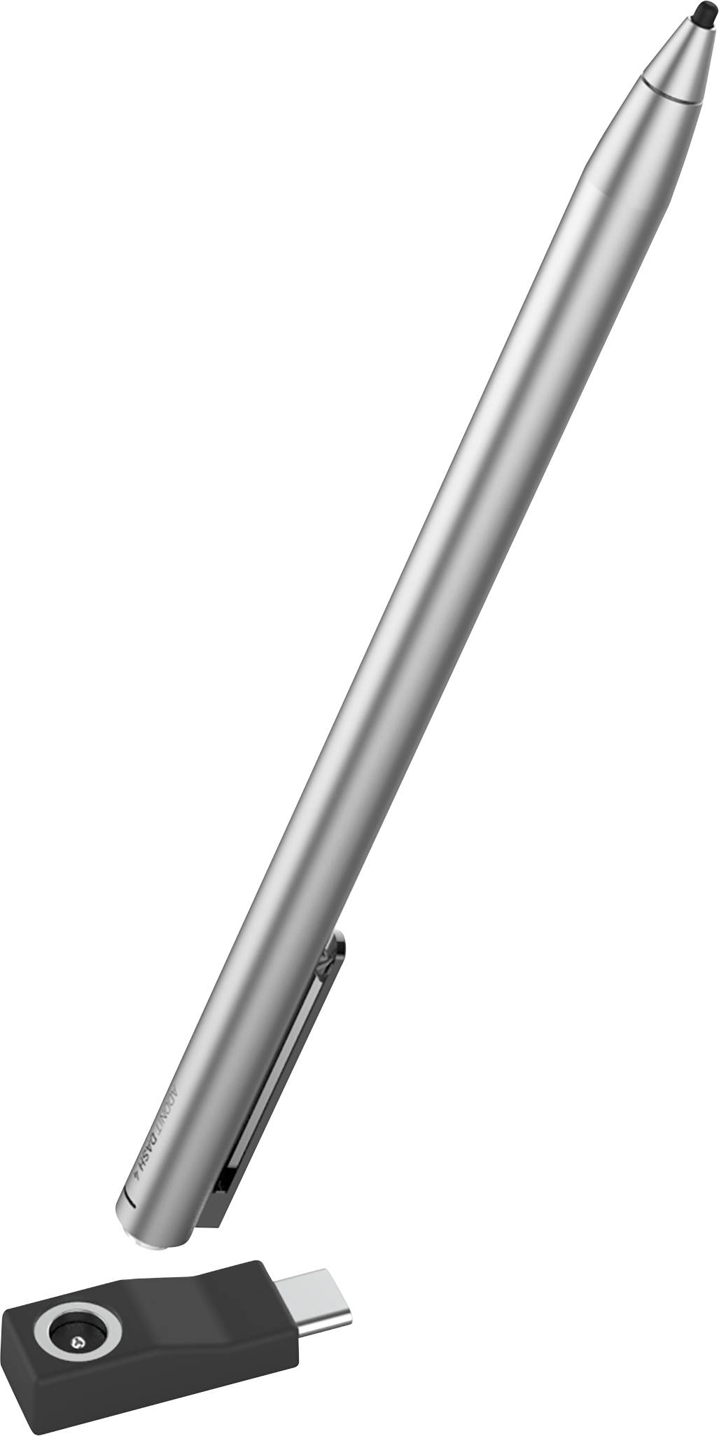 Stylus-Stift mit USB-C-Adapter, silberfarben, leicht geneigt, auf weißem Hintergrund.