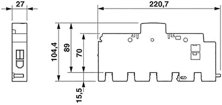 Technische Zeichnung eines elektronischen Bauteils mit Maßen: Breite 27 mm, Länge 220,7 mm, Höhe 104,4 mm, Schraublochabstand 15,5 mm.