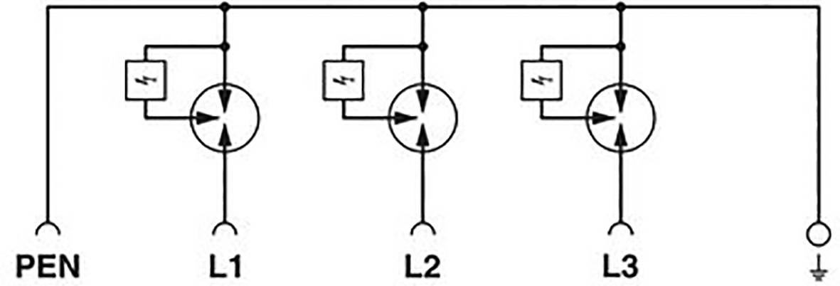 Schaltplan zeigt drei Glühlampen in Parallelschaltung zu den Phasen L1, L2, L3; jedes mit einem Schalter und gemeinsamer Erdung.