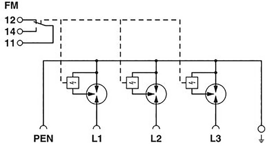 'Schaltplan der FM-Leitung mit drei Phasen L1, L2, L3 und einem PEN. Verbindung zu den Klemmen 12, 14, 11. Erdungssymbol vorhanden.'