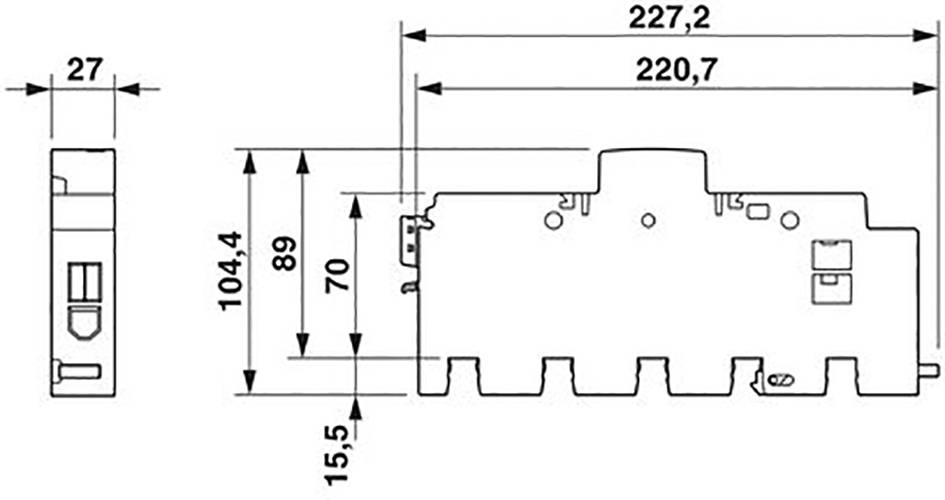Technische Zeichnung eines elektronischen Bauteils mit Abmessungen: Breite 227,2 mm, Höhe 104,4 mm und Tiefe 27 mm.