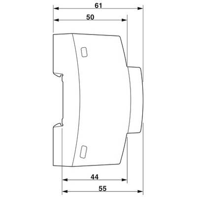 Technische Zeichnung einer mechanischen Komponente mit Maßen: Breite 61 mm, Abstand zwischen inneren Punkten 50 mm, unterer Abschnitt 44 mm, unterer Abstand 55 mm.