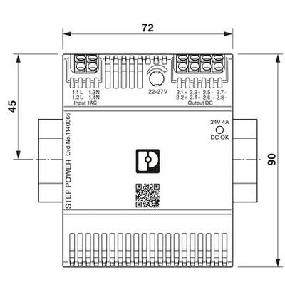 Netzteil mit den Abmessungen 72x90x45 mm. Oben elektrische Anschlüsse und Eingabebeschriftungen. Unten QR-Code und 'STEP POWER'.