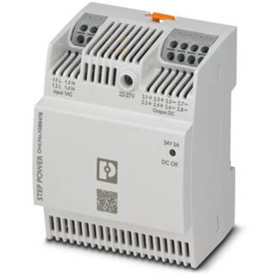 Ein weißes elektrisches Gerät mit mehreren Anschlüssen und Lüftungsschlitzen. Aufdrucke zeigen Spezifikationen und das Firmenlogo.