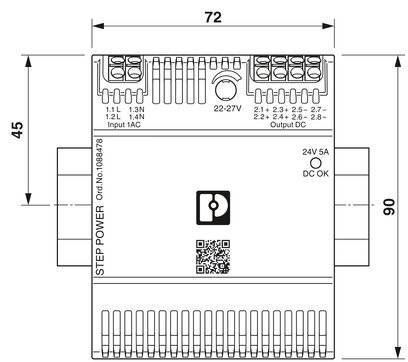 Einbauanleitung eines elektronischen Geräts mit technischen Spezifikationen und Anschlussdetails. Maße: 72x90x45 mm, 24V 5A Output.
