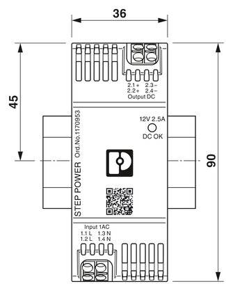 'Schematische Zeichnung eines STEP POWER Netzteils mit Abmessungen 36x90 mm und 12V 2.5A Ausgang. QR-Code und technische Spezifikationen.'