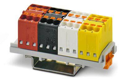 Vierfarbige Kabelklemme auf Metallhalterung; Rot, Schwarz, Weiß, Gelb; erleichtert das sichere Verbinden von elektrischen Leitungen.