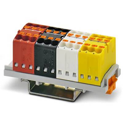 Eine Reihe elektrischer Steckklemmen in verschiedenen Farben (rot, schwarz, weiß, gelb) auf einer Montageleiste.