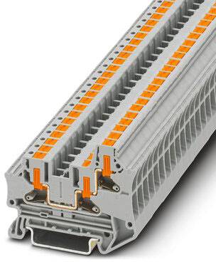 Ein grauer Reihenklemmenblock mit orangenen Elementen, der für die elektrische Verbindung und Organisation in Schaltschränken genutzt wird.