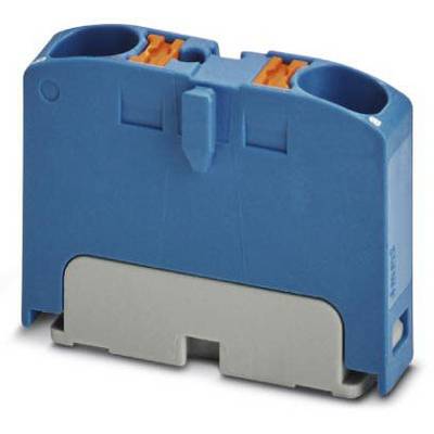 Eine blaue, rechteckige Klemme mit zwei orangefarbenen Hebeln oben, die möglicherweise zum Verbinden elektrischer Leitungen dient.