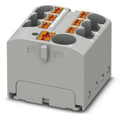 Ein grauer elektrischer Steckverbinderblock mit orangefarbenen Anschlussklemmen. Geeignet für den Einsatz in elektrischen Schaltungen.