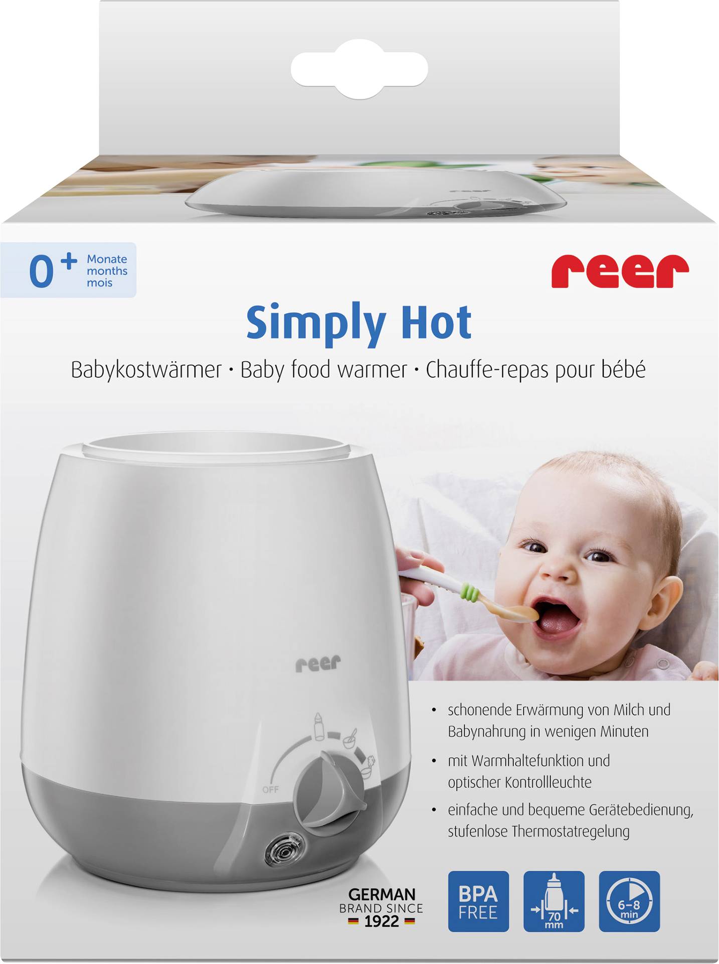 Babykostwärmer 'Simply Hot' von Reer, geeignet für 0+ Monate. Schonende Erwärmung von Milch und Nahrung, mit Temperaturregelung.