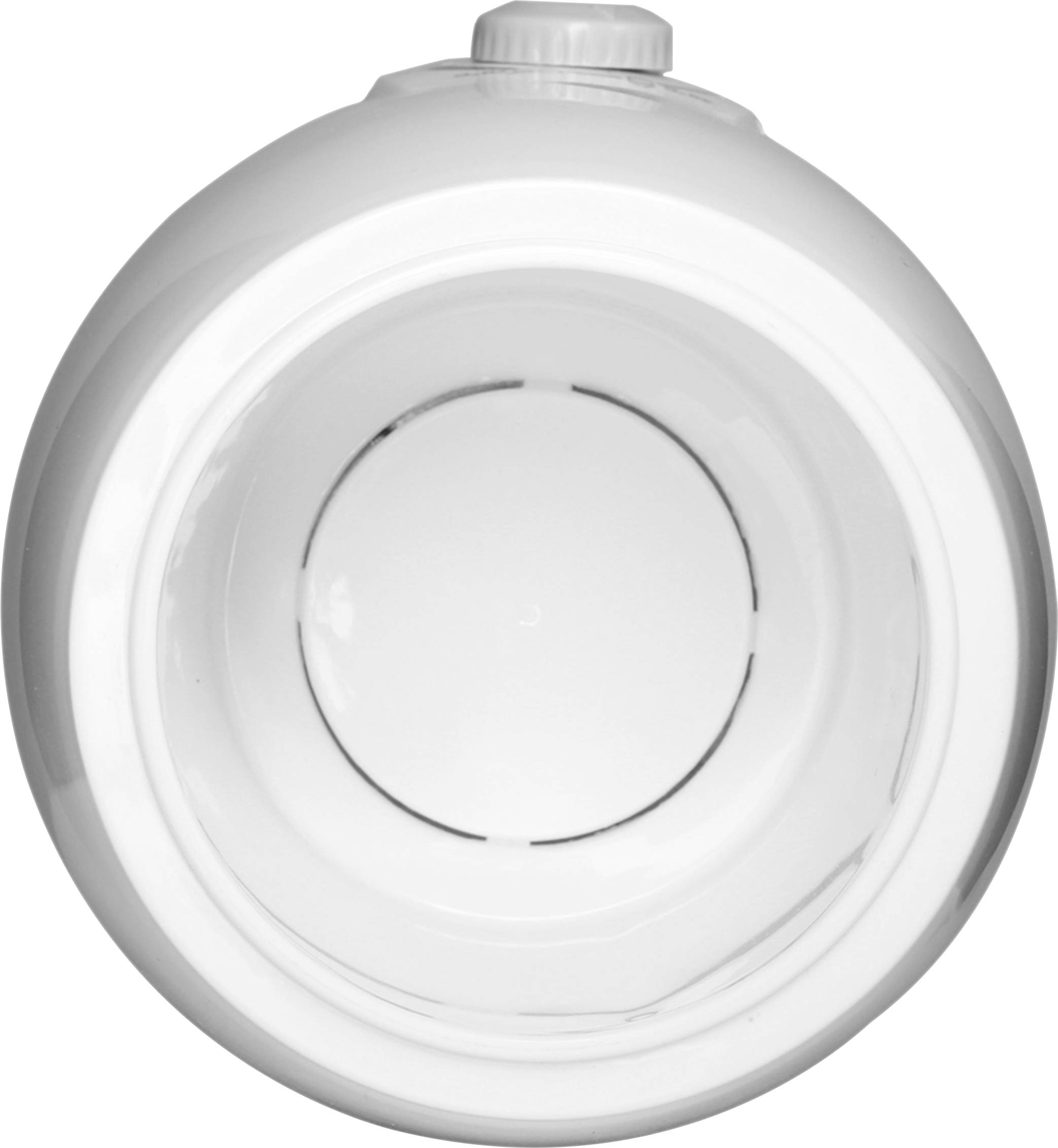 Weiße runde Keramikvase mit glatter Oberfläche, fotografiert von oben.