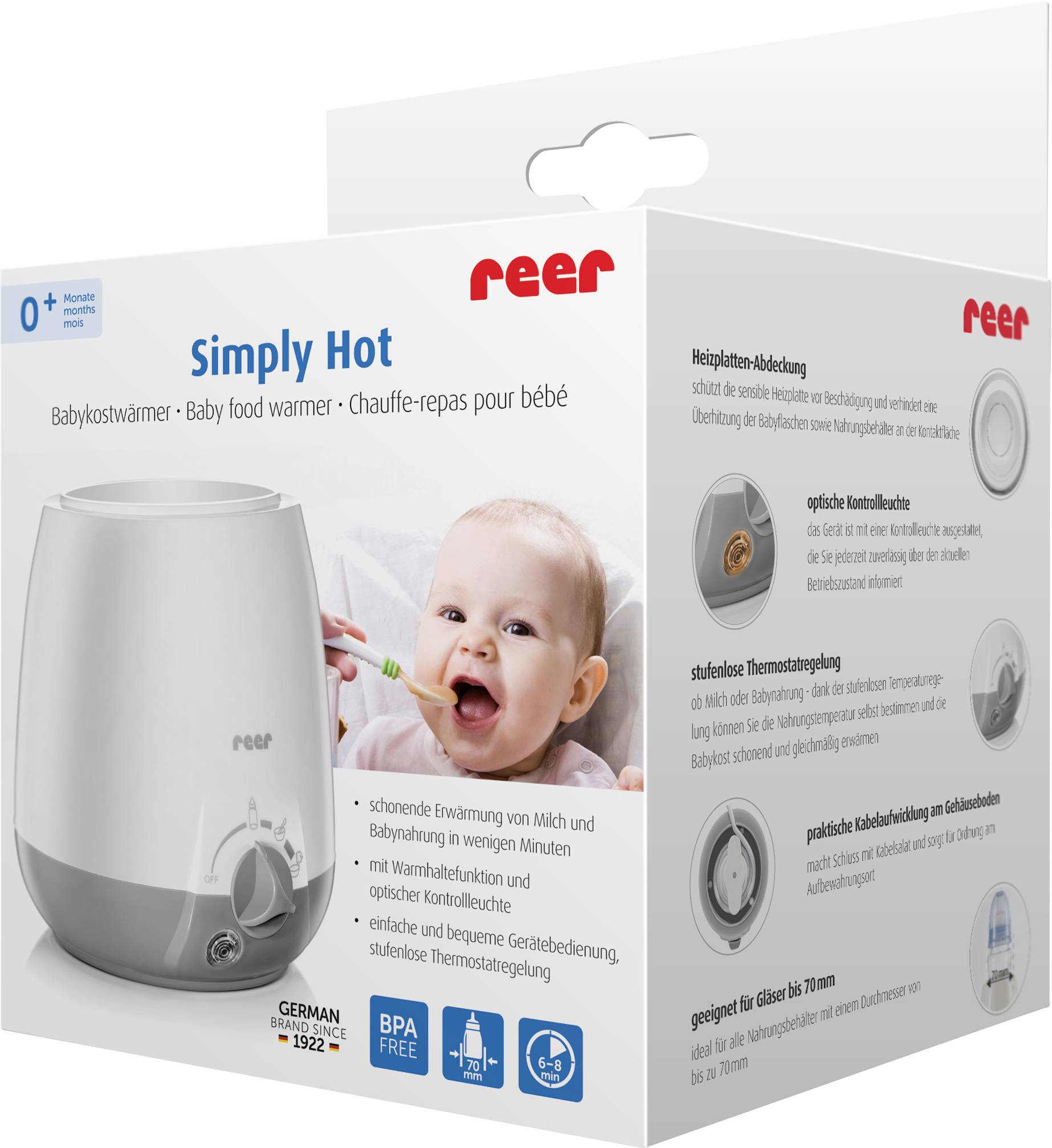 Eine Verpackung zeigt einen Babykostwärmer. Ein lächelndes Baby wird gefüttert. Text 'Simply Hot' und Produktmerkmale sind abgebildet.