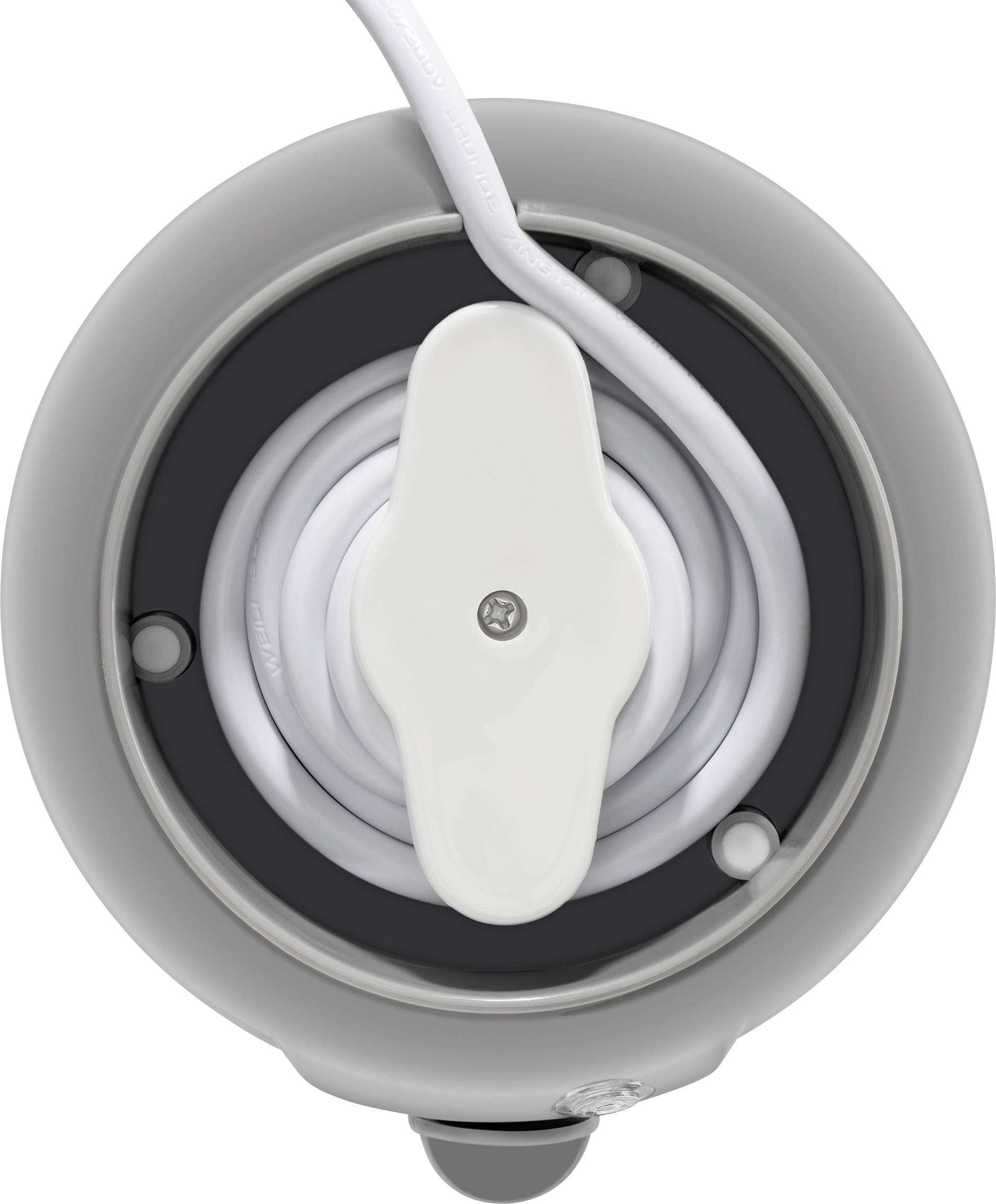 Oberansicht eines grauen Geräts mit einem weißen, spiralförmigen Kabel und einem zentralen weißen Knopf.