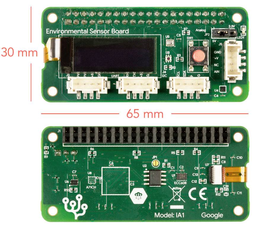 Umwelt-Sensorplatine, 30 mm x 65 mm, mit OLED-Display, Ports für UART, I2C, LED1 und analogen Eingang, Hersteller: Google, Modell: IA1.