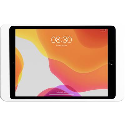Ein Tablet mit eingeschaltetem Display zeigt Datum 'Freitag, 16. April' und Uhrzeit '08:30'. Hintergrund in orange-grau.