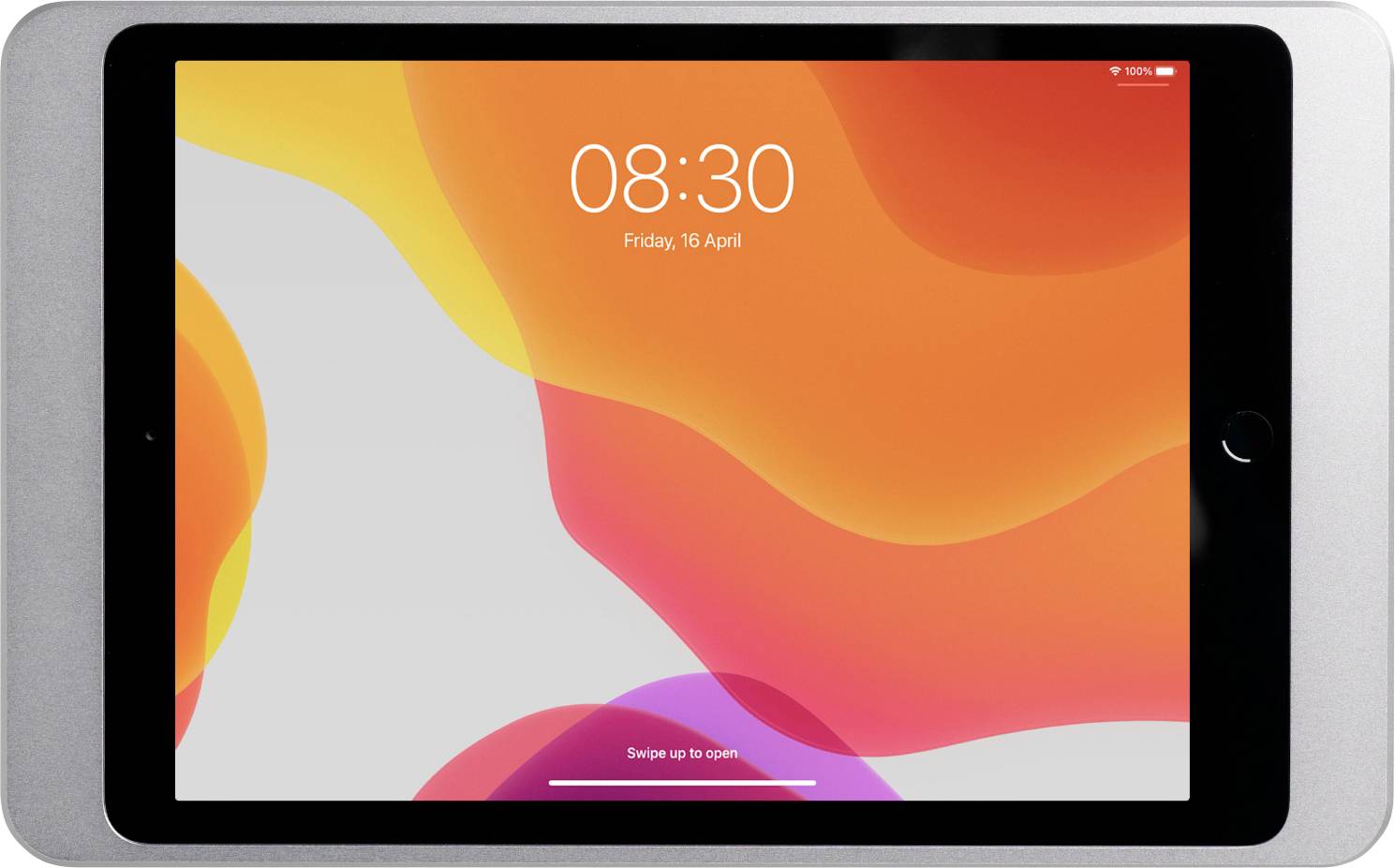 Ein Tabletbildschirm zeigt Uhrzeit '08:30' und Datum 'Freitag, 16. April'. Heller, abstrakter Hintergrund und 'Zum Entsperren wischen'-Text.