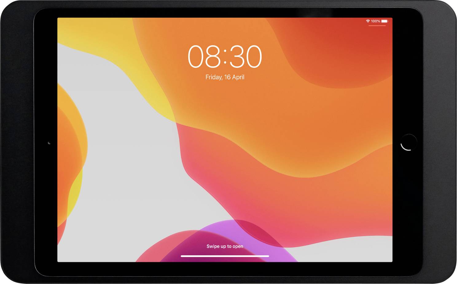 Ein Tablet mit einem orange-roten Hintergrundbild. Auf dem Bildschirm steht: '08:30, Friday, 16 April'. Oben rechts sind WLAN- und Batteriestand-Anzeige.