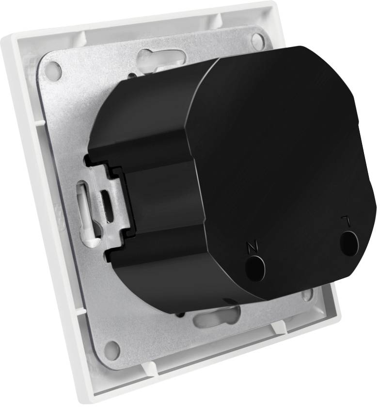Schwarze elektronische Steckdose in quadratischem Rahmen, seitliche Ansicht; zeigt Anschlussmöglichkeiten und Rückseite.
