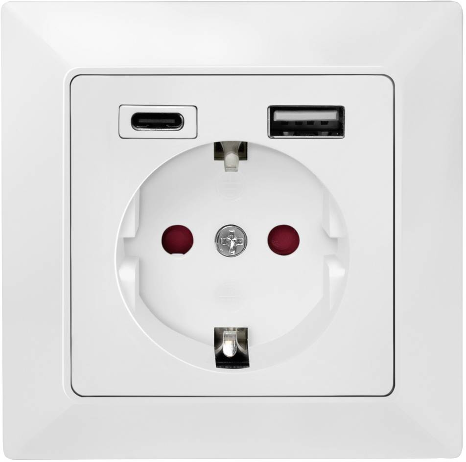 Weiße Steckdose mit zwei USB-Anschlüssen; rechts USB-A und links USB-C. Designed für vielseitige Stromanschlüsse.