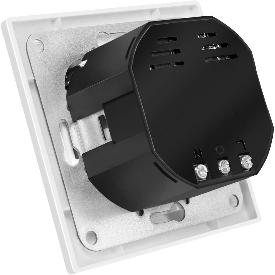 Ein schwarzer, rechteckiger Wandschalter mit silberner Halterung und drei Anschlüssen auf einer weißen Hintergrundplatte.