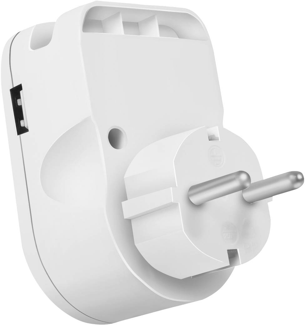 Smart-Steckdose in Weiß mit zwei Pins; dient zur Fernsteuerung von elektrischen Geräten über eine App oder einen Smart Home-Assistenten.