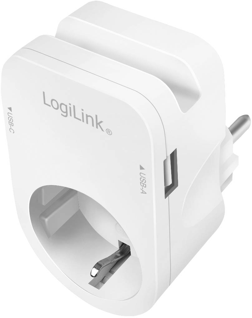 Adapter mit Steckdose und USB-Ports für USBC und USB-A. Markiert mit 'LogiLink'.