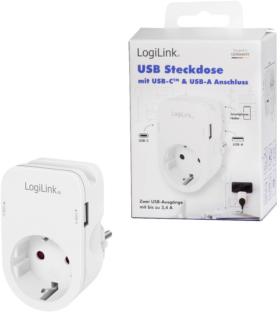 Eine weiße LogiLink USB-Steckdose mit USB-C und USB-A Anschlüssen und der Verpackung. Sie bietet zwei USB-Ausgänge bis zu 3,4A.