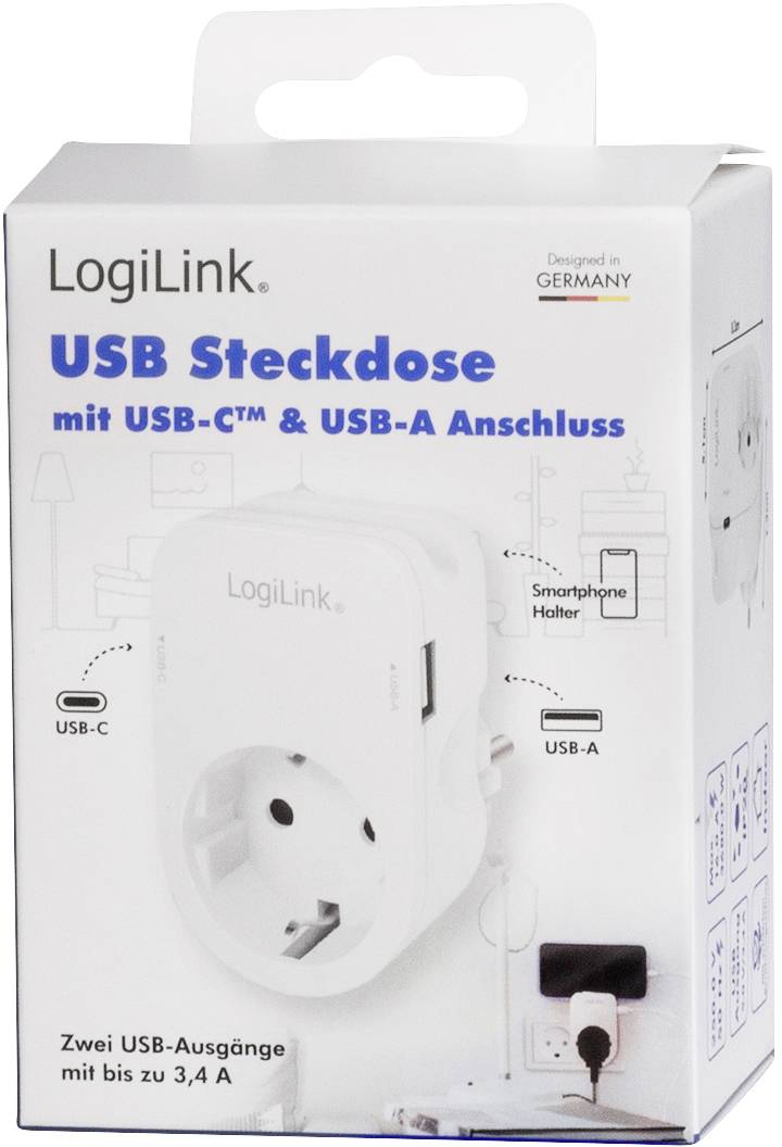 'LogiLink USB Steckdose' Verpackung mit USB-C und USB-A Anschlüssen. Gezeigt wird die Steckdose mit Smartphone-Halterung.