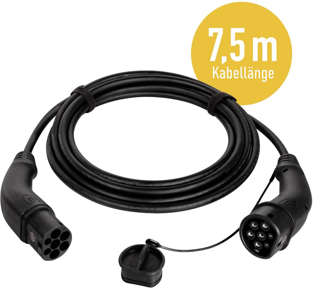 'Ladekabel für Elektrofahrzeuge mit 7,5 m Länge, schwarze Farbe, Steckerkontakte an beiden Enden, aufgerollt.'