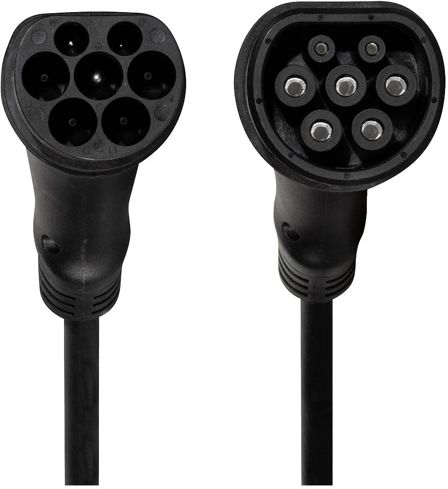 Zwei verschiedene Elektroauto-Ladestecker. Links ein Typ 1 Stecker, rechts ein Typ 2 Stecker, beide schwarz.