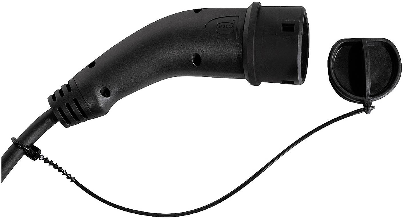 Ein schwarzer Ladestecker für Elektrofahrzeuge mit abgenommenem Schutzdeckel, an einem Kabel angeschlossen.