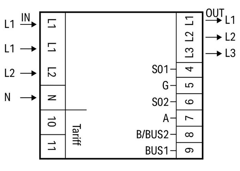 'Schema eines elektrischen Schaltplans mit Eingängen L1, L2, N, Ausgabe für L1, L2, L3 , Tarifsteuerung und weiteren Klemmenbeschriftungen.'