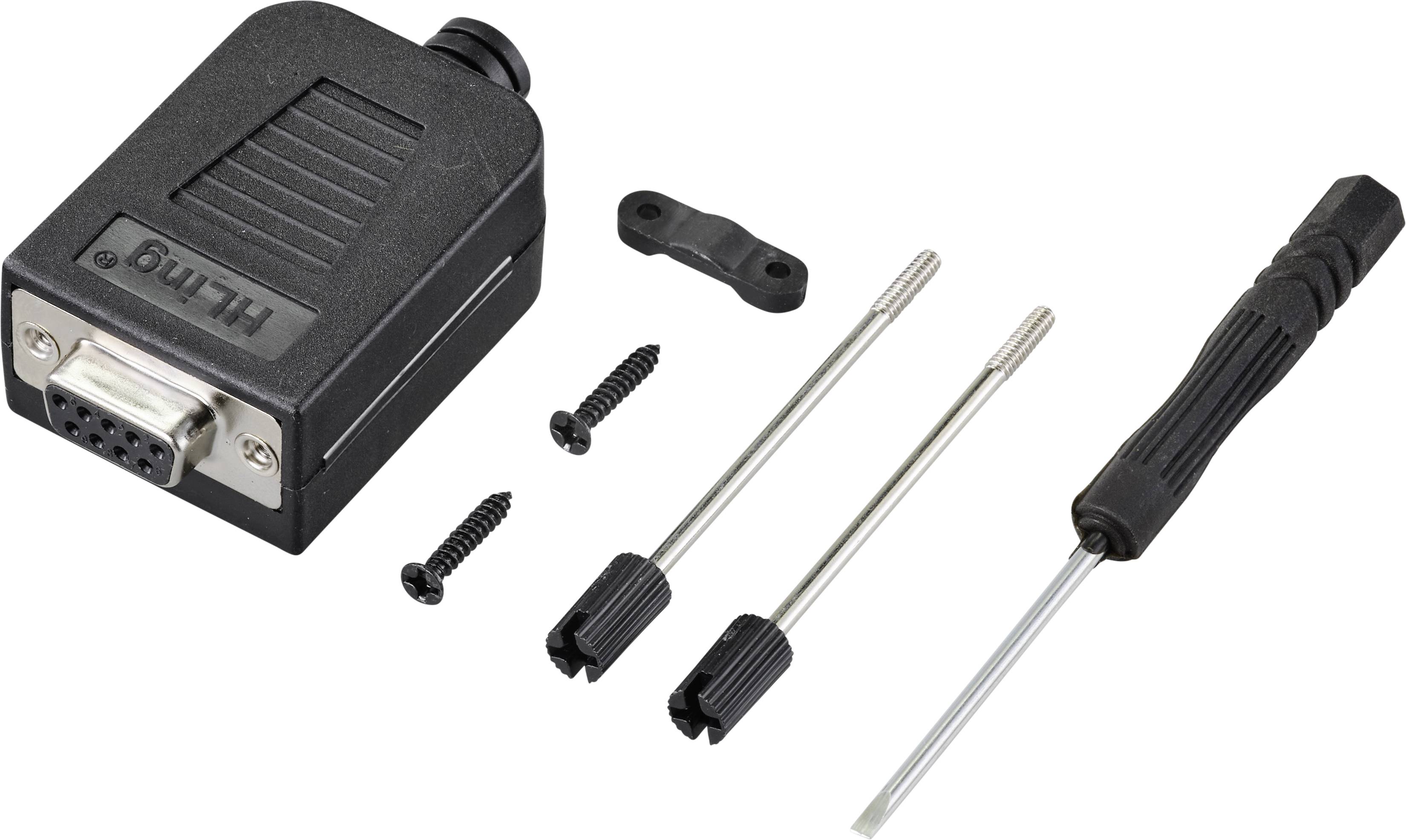 Ein schwarzer Adapter mit Schrauben, zwei Stiften und einem Schraubendreher. Kompatibel mit HmIP-Geräten für sichere Verbindungen.