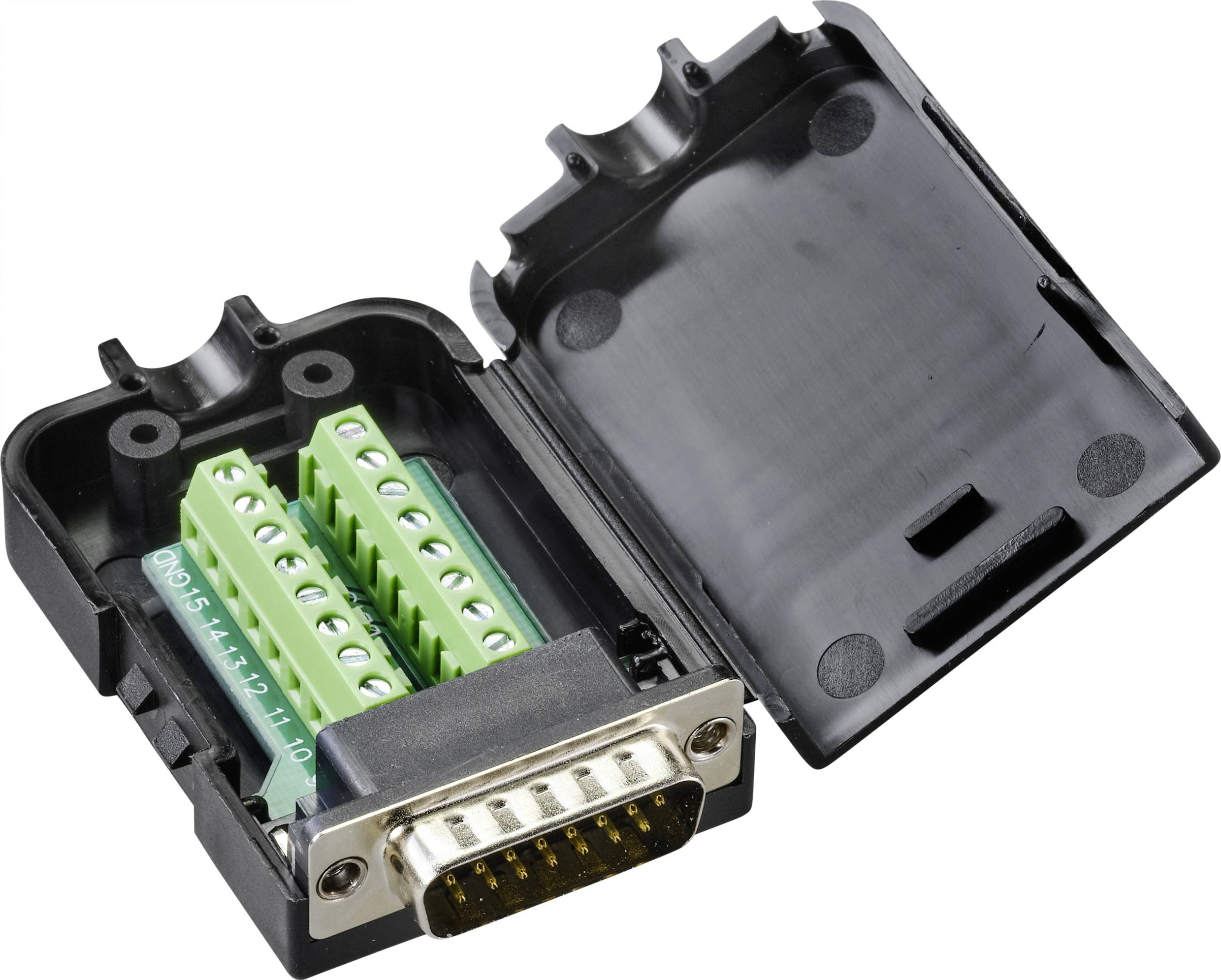 Schwarzer Adapter mit geöffneter Abdeckung, zeigt grüne Anschlussklemmen und einen mehrpoligen Steckverbinder.