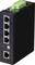Ein schwarzer Netzwerk-Switch mit fünf Ethernet-Ports, jeweils mit LED-Anzeigen. Oben ein grüner Stromanschluss. Geeignet für industrielle Anwendungen.