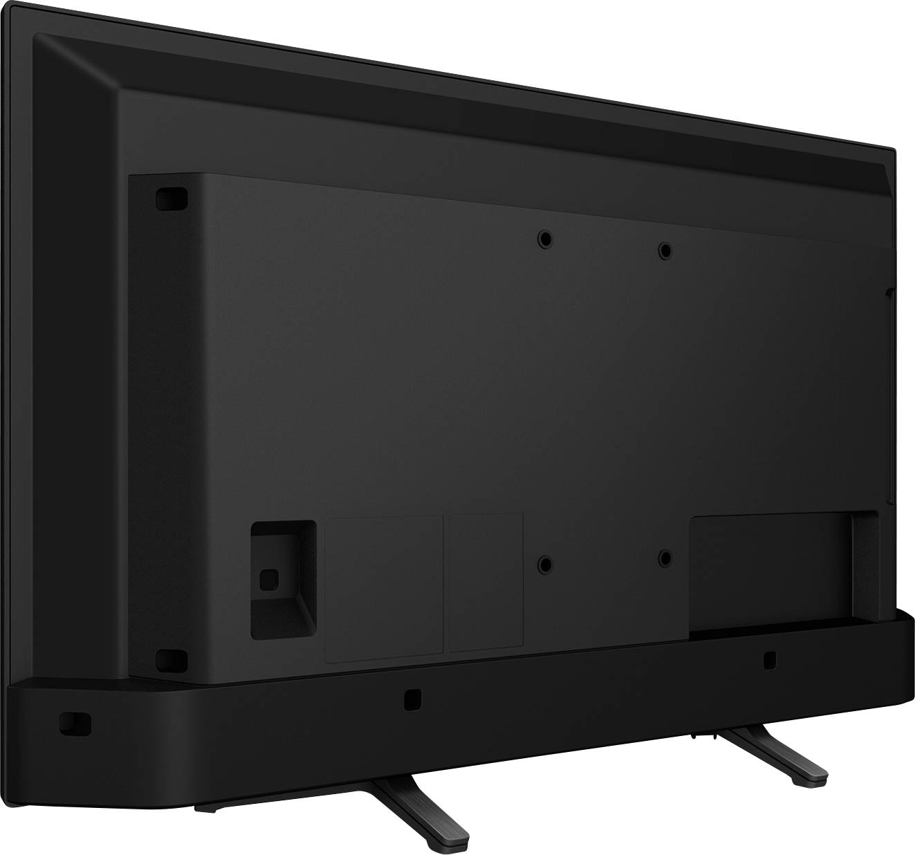 Ein schwarzer Fernseher ist von hinten zu sehen, mit Standfüßen. Die Rückseite zeigt mehrere Anschlüsse und Befestigungsstellen.