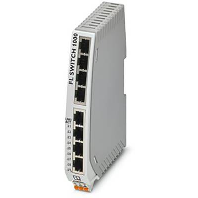 Ein grauer Netzwerk-Switch mit acht Ethernet-Anschlüssen, vertikal ausgerichtet. Beschriftet mit 'FL SWITCH 1000' auf der linken Seite.