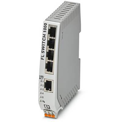 Ein grauer Netzwerkswitch mit vier Ethernet-Ports und einem Anschluss für Glasfaserverbindungen, Modell 'FL SWITCH 1000'.