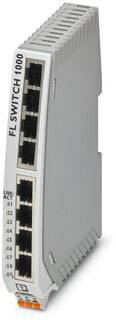 Ein schmaler, vertikal stehender Ethernet-Switch mit acht RJ45-Anschlüssen, auf der Seite mit der Aufschrift 'FL SWITCH 1000'.